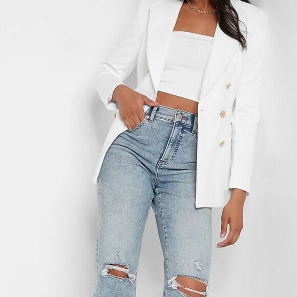 NEW EXPRESS $259 IVORY PEAK LAPEL DOUBLE BREASTED BLAZER SIZE XS EXTRA SMALL - Picture 3 of 3